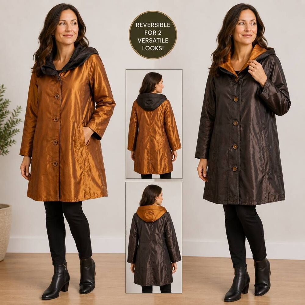 Travelsmith Women’s Small Reversible Bronze Brown Hooded Rain Coat Jacket